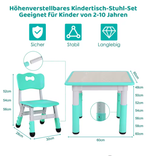 Verstelbare Kindertafel met 2 Stoelen – Kinderbureau voor Spelen en Leren (3–8 Jaar)