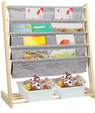 Kinderboekenkast met 4 Hangplanken en 2 Speelgoeddozen – Houten Kinderplank voor Boeken en Speelgoed