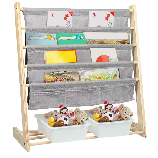 Kinderboekenkast met 4 Hangplanken en 2 Speelgoeddozen – Houten Kinderplank voor Boeken en Speelgoed
