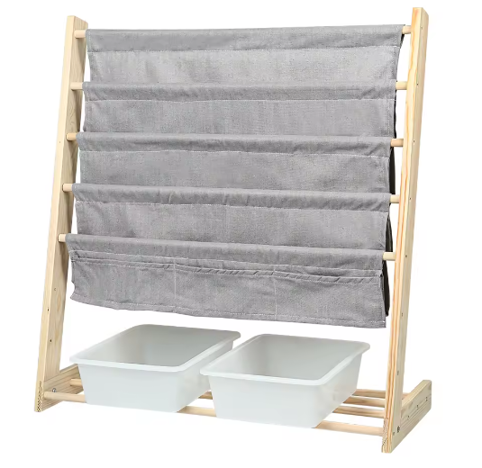 Kinderboekenkast met 4 Hangplanken en 2 Speelgoeddozen – Houten Kinderplank voor Boeken en Speelgoed