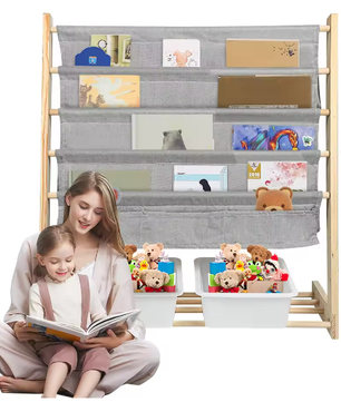 Kinderboekenkast met 4 Hangplanken en 2 Speelgoeddozen – Houten Kinderplank voor Boeken en Speelgoed