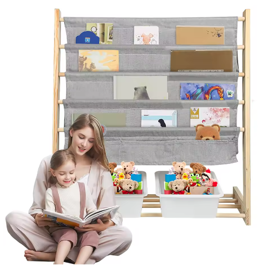 Kinderboekenkast met 4 Hangplanken en 2 Speelgoeddozen – Houten Kinderplank voor Boeken en Speelgoed