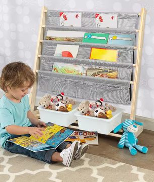 Kinderboekenkast met 4 Hangplanken en 2 Speelgoeddozen – Houten Kinderplank voor Boeken en Speelgoed