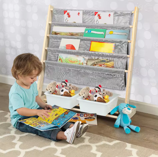 Kinderboekenkast met 4 Hangplanken en 2 Speelgoeddozen – Houten Kinderplank voor Boeken en Speelgoed