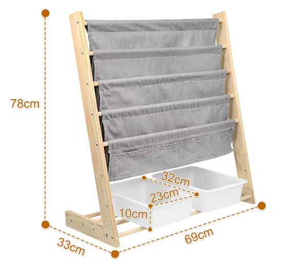 Kinderboekenkast met 4 Hangplanken en 2 Speelgoeddozen – Houten Kinderplank voor Boeken en Speelgoed
