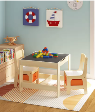 Houten Kindertafel met 2 Stoelen en Opbergdozen