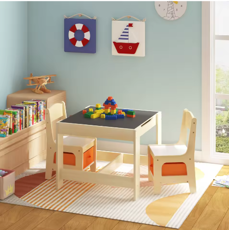 Houten Kindertafel met 2 Stoelen en Opbergdozen