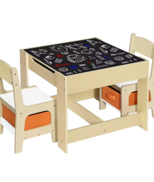 Houten Kindertafel met 2 Stoelen en Opbergdozen