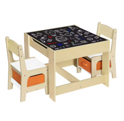 Houten Kindertafel met 2 Stoelen en Opbergdozen