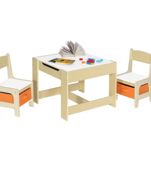 Houten Kindertafel met 2 Stoelen en Opbergdozen