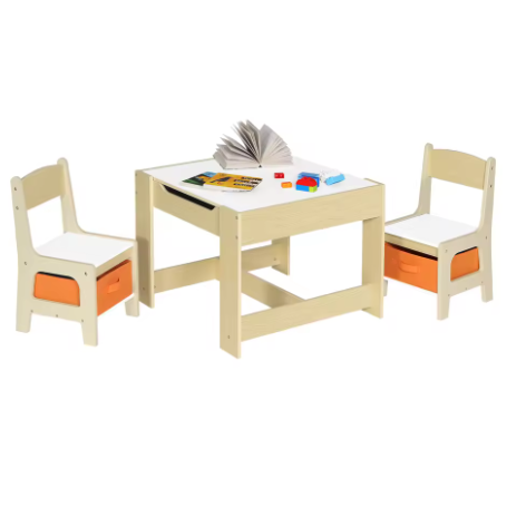 Houten Kindertafel met 2 Stoelen en Opbergdozen