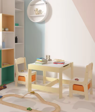 Houten Kindertafel met 2 Stoelen en Opbergdozen