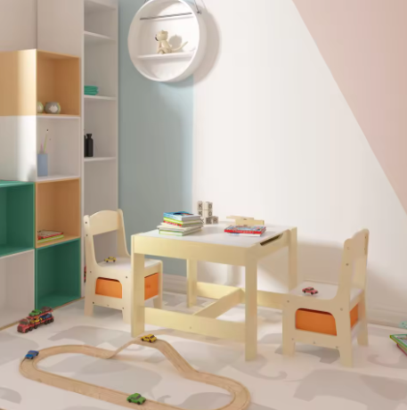 Houten Kindertafel met 2 Stoelen en Opbergdozen