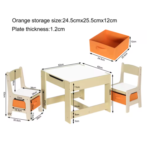Houten Kindertafel met 2 Stoelen en Opbergdozen