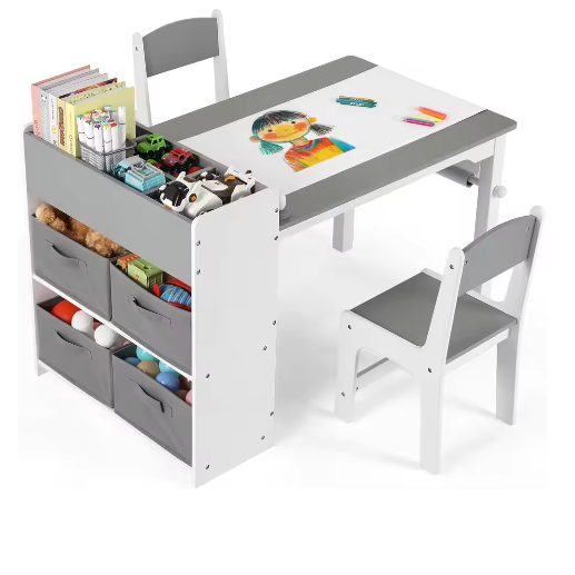 2-in-1 Kindertafel met 2 Stoelen en Opbergplanken – Creatieve Activiteitentafel