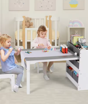 2-in-1 Kindertafel met 2 Stoelen en Opbergplanken – Creatieve Activiteitentafel