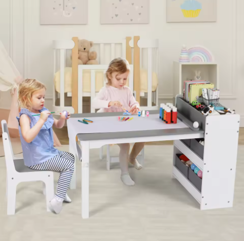 2-in-1 Kindertafel met 2 Stoelen en Opbergplanken – Creatieve Activiteitentafel