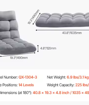 Opvouwbare Vloerstoel met Rugsteun – Multifunctionele Fauteuil voor Lezen, Ontspannen en Slapen