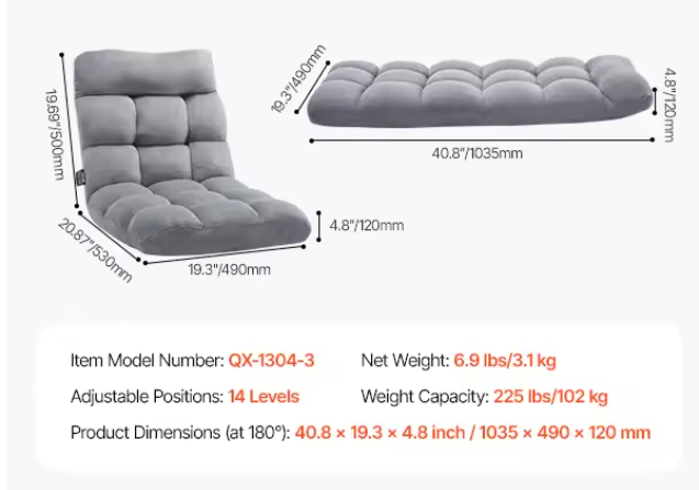 Opvouwbare Vloerstoel met Rugsteun – Multifunctionele Fauteuil voor Lezen, Ontspannen en Slapen
