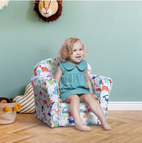 Kinderfauteuil met Dino Print – Zachte Kinderstoel vanaf 18 Maanden