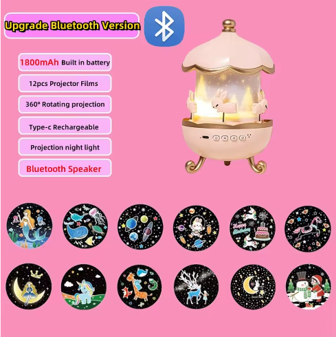 Sterprojector voor Kinderen met 12 Films – Oplaadbare Nachtlamp met Bluetooth Luidspreker en 360° Projectie