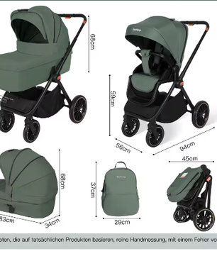 3-in-1 Kinderwagen met I-Size Autostoel, Aluminium Frame en Opvouwbaar