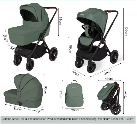 3-in-1 Kinderwagen met I-Size Autostoel, Aluminium Frame en Opvouwbaar