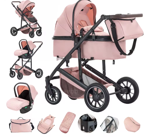 3-in-1 Kinderwagen met Luxe Opvouwbaar Aluminium Frame voor Pasgeborenen