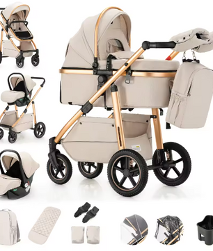 3-in-1 Kinderwagen met Luxe Opvouwbaar Aluminium Frame voor Pasgeborenen