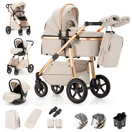 3-in-1 Kinderwagen met Luxe Opvouwbaar Aluminium Frame voor Pasgeborenen