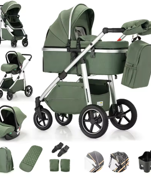 3-in-1 Kinderwagen met Luxe Opvouwbaar Aluminium Frame voor Pasgeborenen