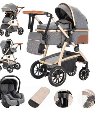 3-in-1 Kinderwagen met Verstelbare Handgreep, Hoog Landschap en Aluminium Frame