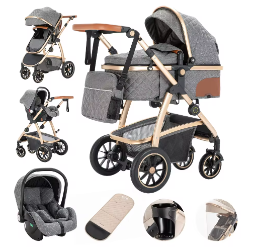 3-in-1 Kinderwagen met Verstelbare Handgreep, Hoog Landschap en Aluminium Frame