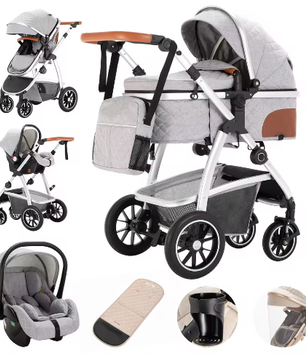 3-in-1 Kinderwagen met Verstelbare Handgreep, Hoog Landschap en Aluminium Frame
