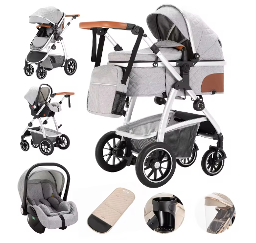 3-in-1 Kinderwagen met Verstelbare Handgreep, Hoog Landschap en Aluminium Frame