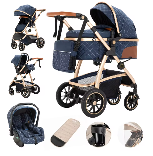 3-in-1 Kinderwagen met Verstelbare Handgreep, Hoog Landschap en Aluminium Frame