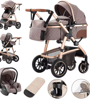 3-in-1 Kinderwagen met Verstelbare Handgreep, Hoog Landschap en Aluminium Frame