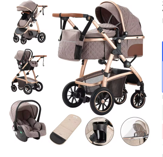 3-in-1 Kinderwagen met Verstelbare Handgreep, Hoog Landschap en Aluminium Frame