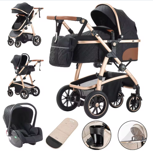 3-in-1 Kinderwagen met Verstelbare Handgreep, Hoog Landschap en Aluminium Frame