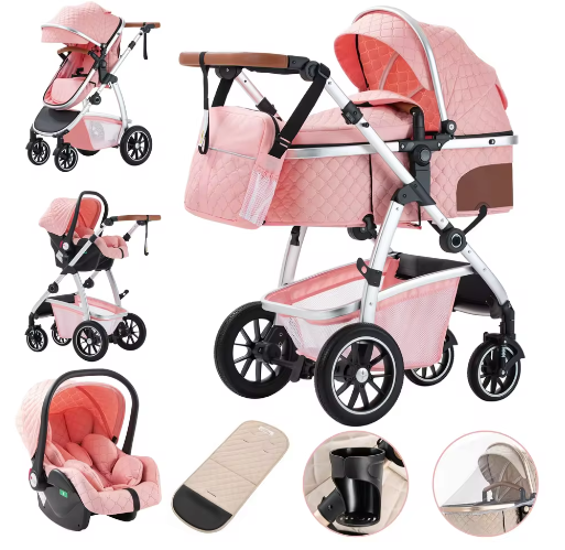 3-in-1 Kinderwagen met Verstelbare Handgreep, Hoog Landschap en Aluminium Frame