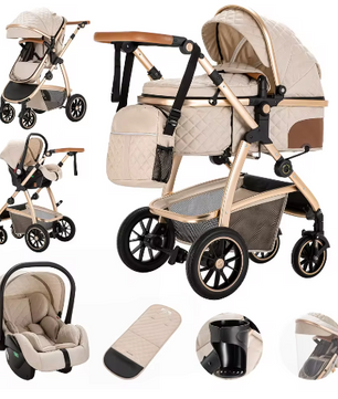 3-in-1 Kinderwagen met Verstelbare Handgreep, Hoog Landschap en Aluminium Frame