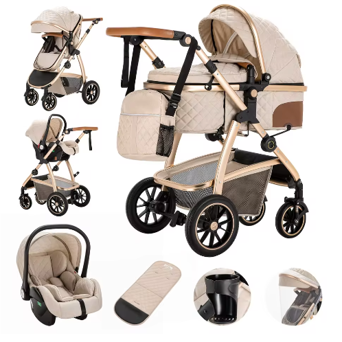 3-in-1 Kinderwagen met Verstelbare Handgreep, Hoog Landschap en Aluminium Frame