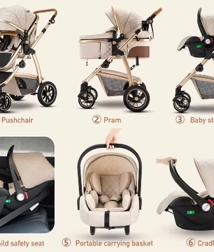 3-in-1 Kinderwagen met Verstelbare Handgreep, Hoog Landschap en Aluminium Frame