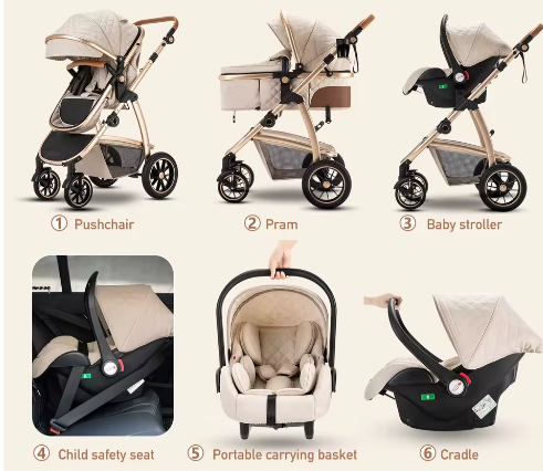 3-in-1 Kinderwagen met Verstelbare Handgreep, Hoog Landschap en Aluminium Frame