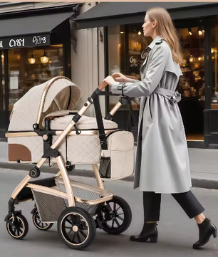 3-in-1 Kinderwagen met Verstelbare Handgreep, Hoog Landschap en Aluminium Frame