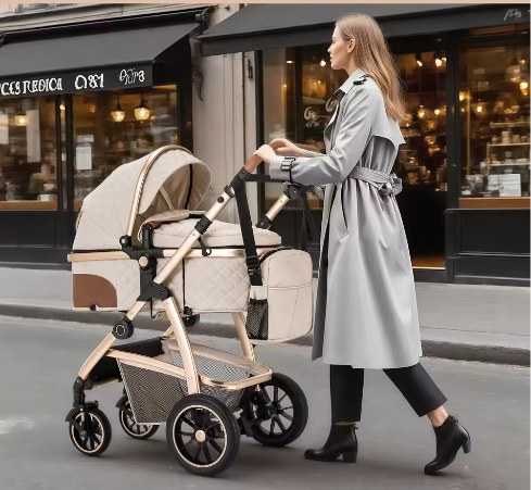 3-in-1 Kinderwagen met Verstelbare Handgreep, Hoog Landschap en Aluminium Frame