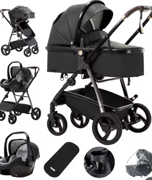 3-in-1 Kinderwagen – Luxe Reiskinderwagen met Draagzak en PU Afwerking