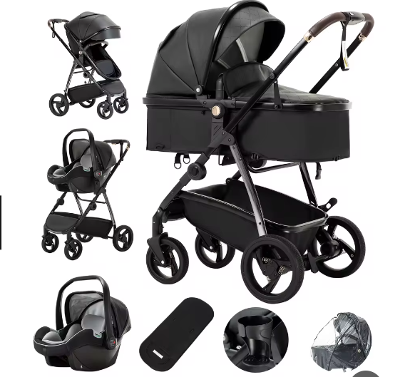 3-in-1 Kinderwagen – Luxe Reiskinderwagen met Draagzak en PU Afwerking
