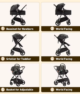 3-in-1 Kinderwagen – Luxe Reiskinderwagen met Draagzak en PU Afwerking