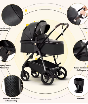 3-in-1 Kinderwagen – Luxe Reiskinderwagen met Draagzak en PU Afwerking